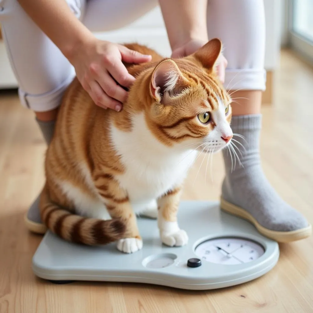 Cat owner carefully weighing their cat at home