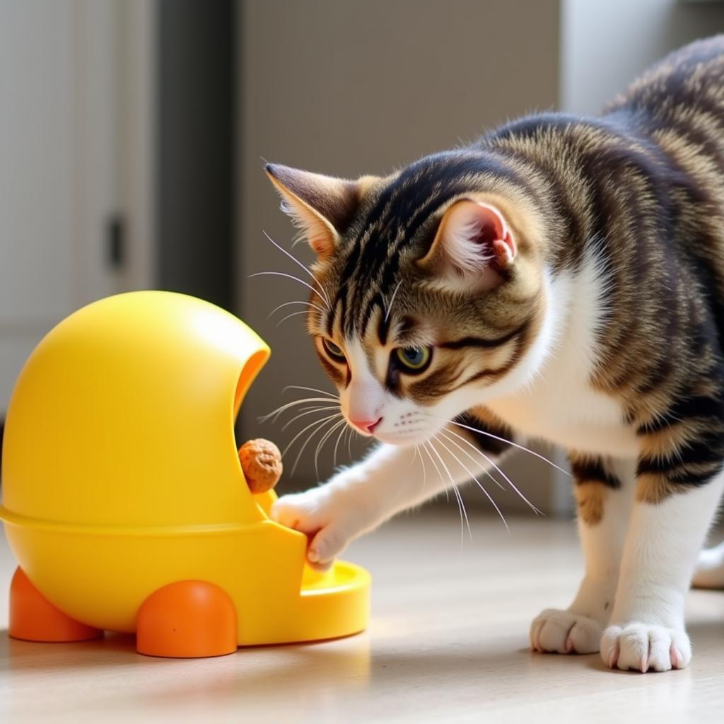 Cat Playing with Interactive Treat Dispenser