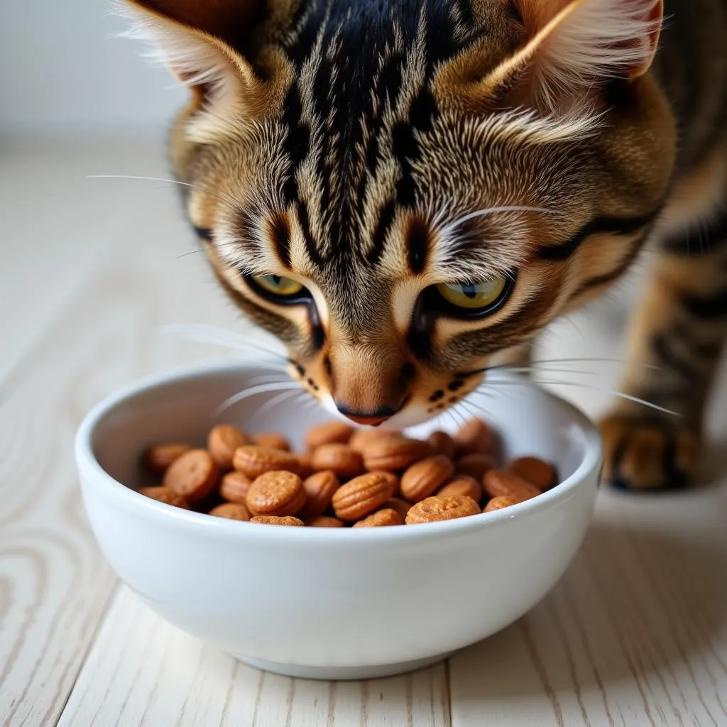 A curious cat sniffing a bowl of new cat food sample