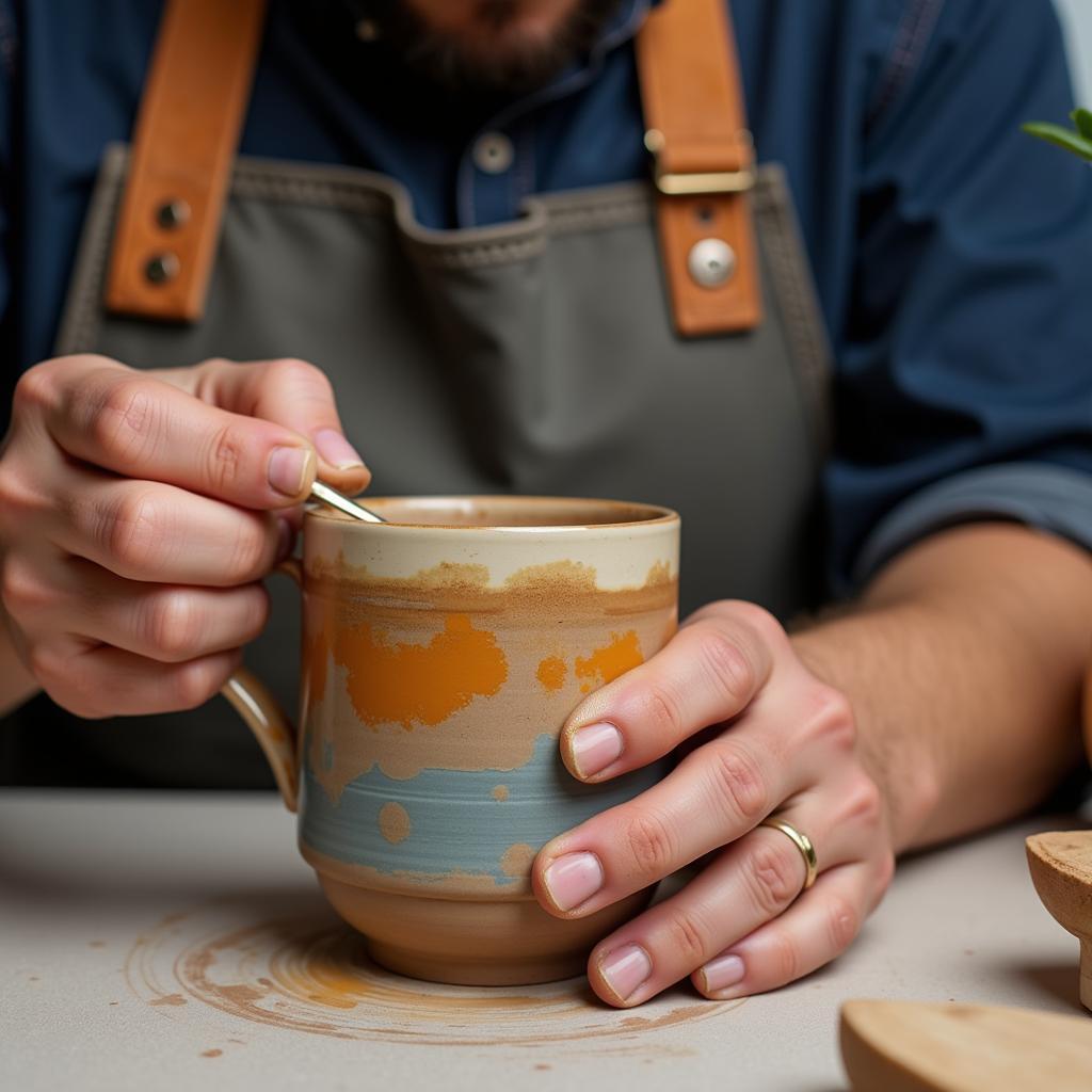 Ceramic Artist Applying Glaze to Pottery