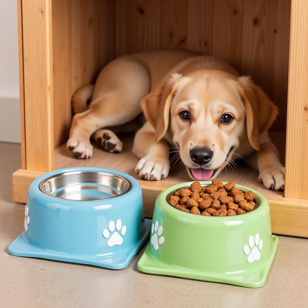 Ceramic dog bowls with a cute paw print design placed inside a dog crate