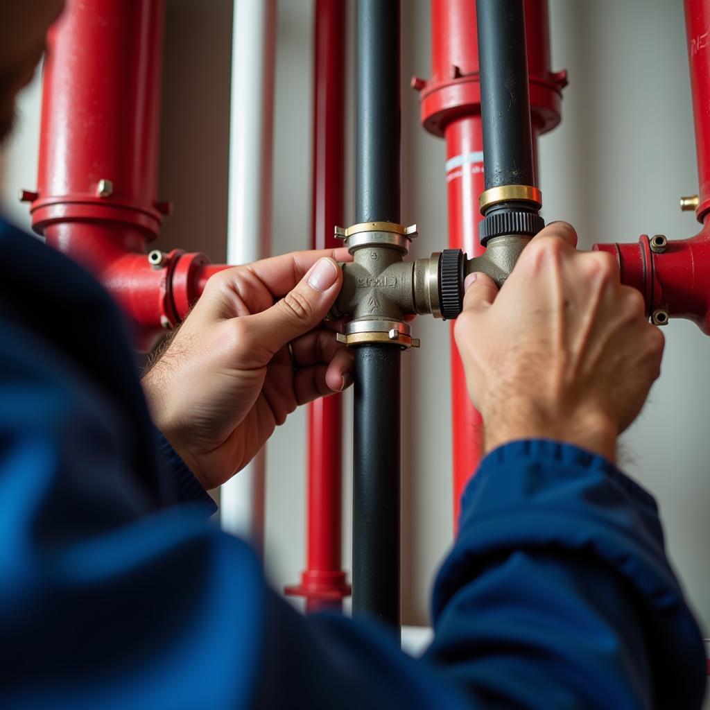 A certified technician meticulously installing a fire suppression system in a food truck kitchen