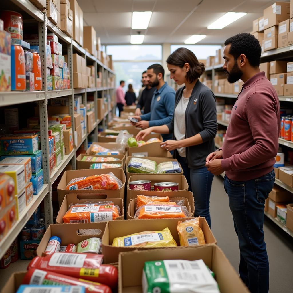 Individuals selecting food items at a Charleston food pantry