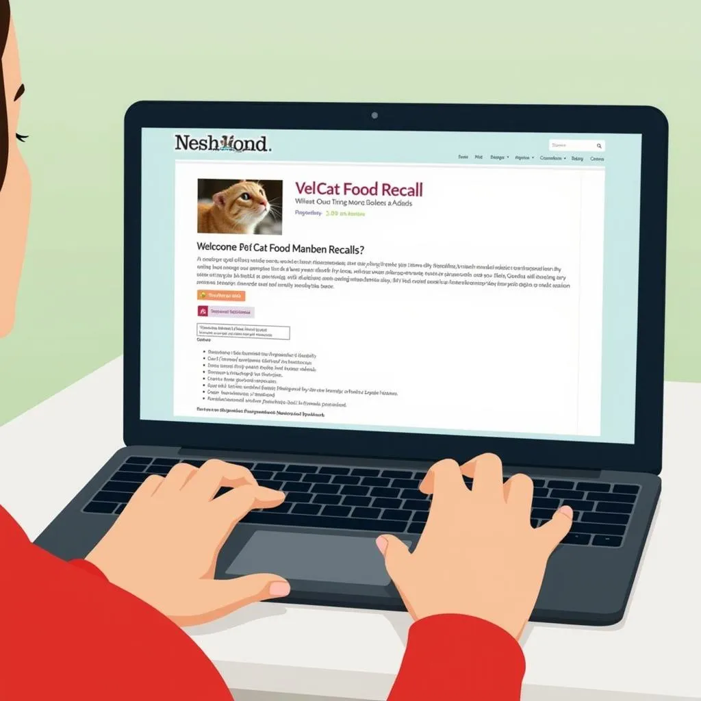  A person using a laptop to check for cat food recall information online.