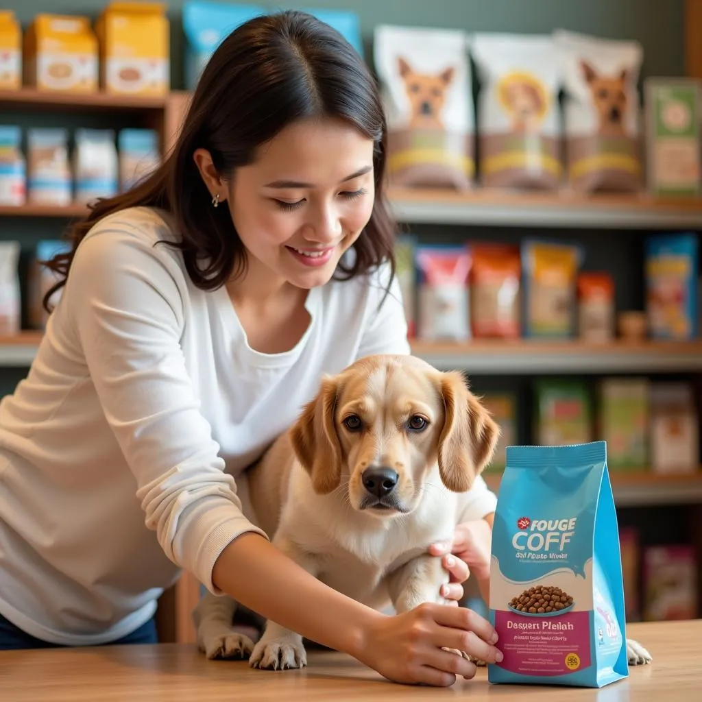 Pet owner carefully examining the lot numbers on their dog food bag