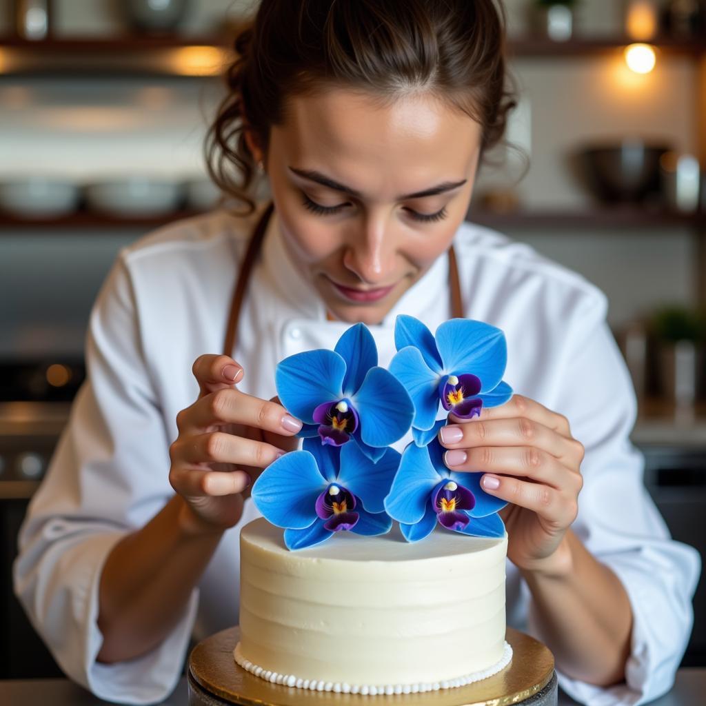 Chef arranging blue orchids on a cake