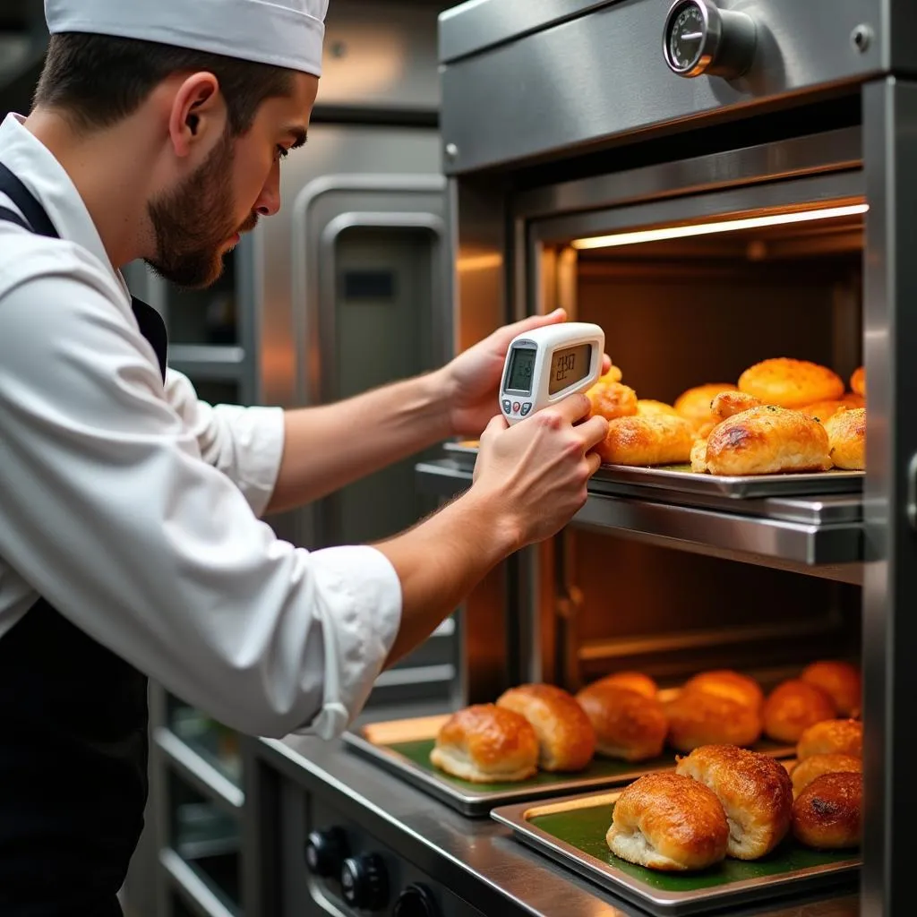 Chef monitoring food temperature in a commercial warmer