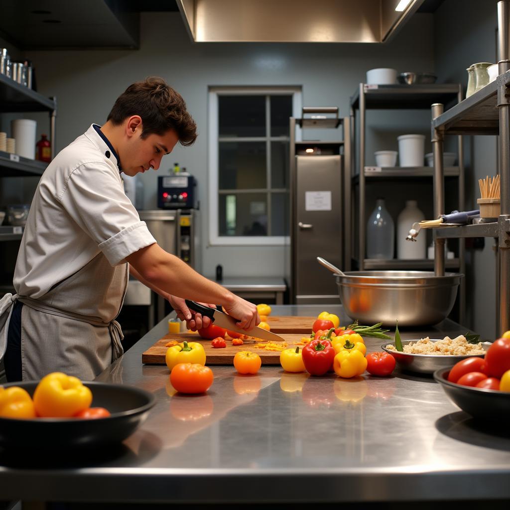 Chef Chopping Vegetables on a Stainless Steel Prep Table