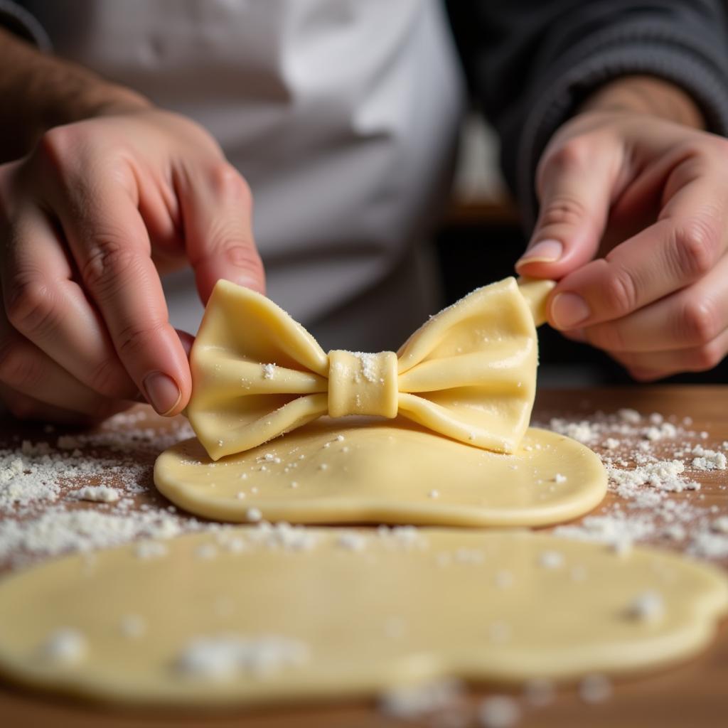 Chef Meticulously Crafting Bow Tie-Shaped Pastries