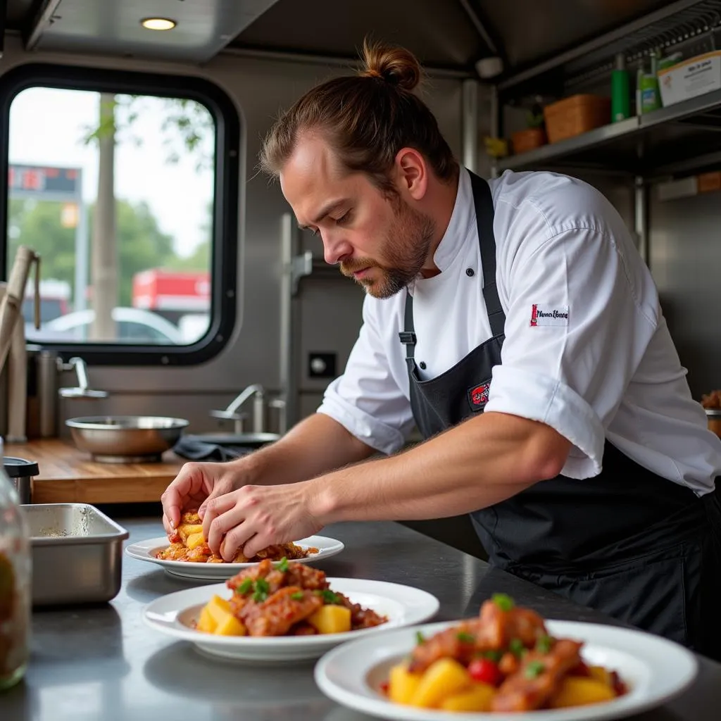 Chef Michael preparing food in the Makin' Bacon food truck