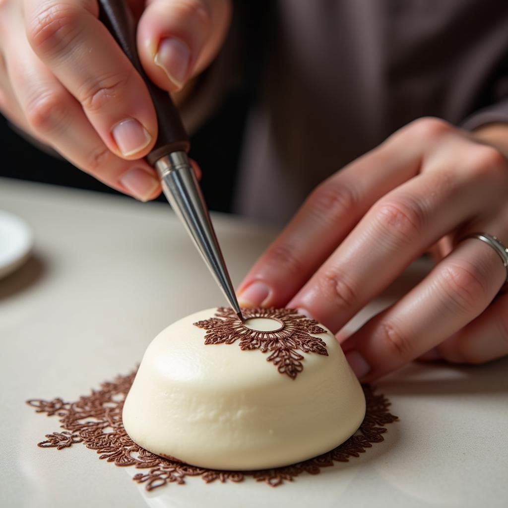 Chef Meticulously Plating a Boucheron-Inspired Dessert