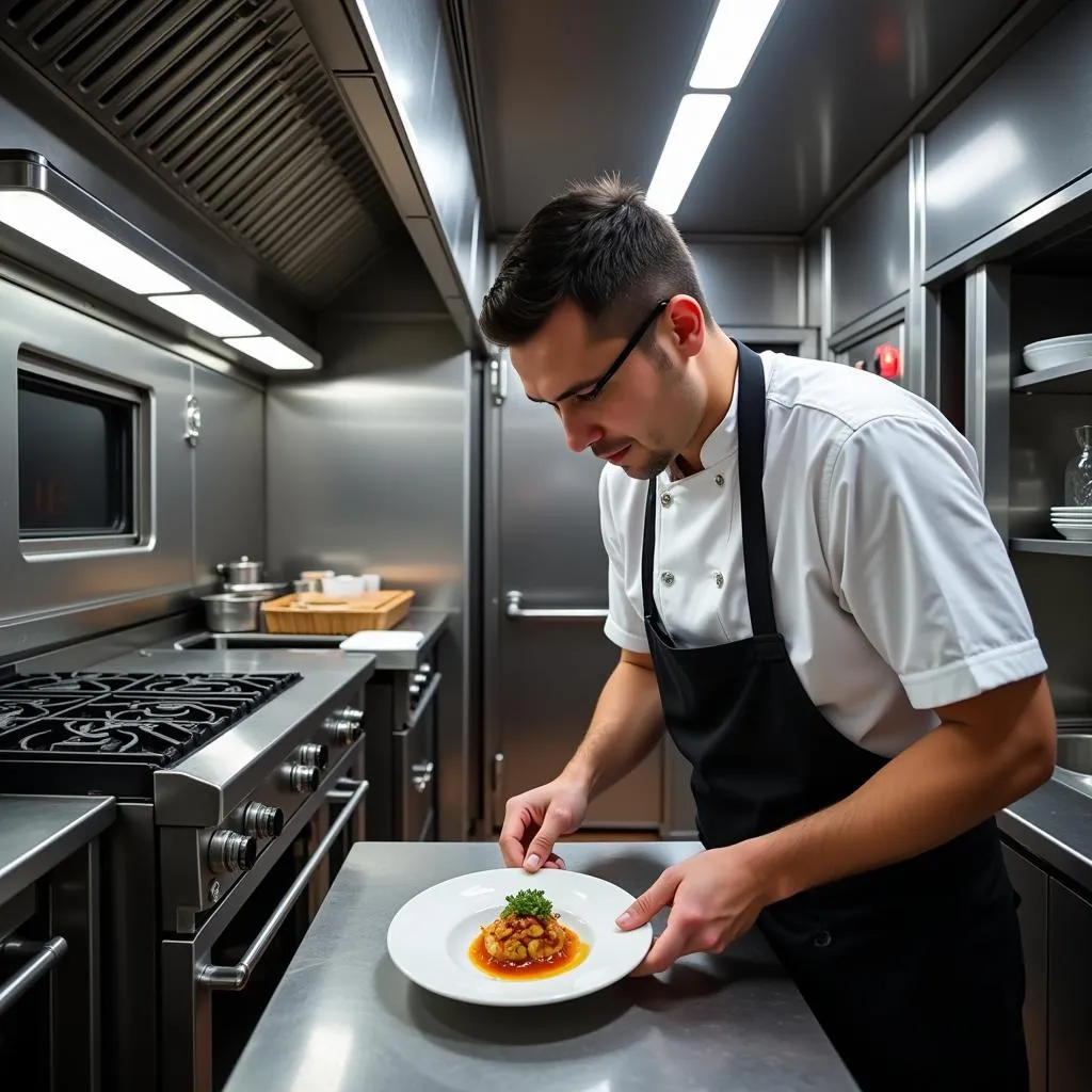 Skilled chef preparing a gourmet meal inside a modern electric food truck.