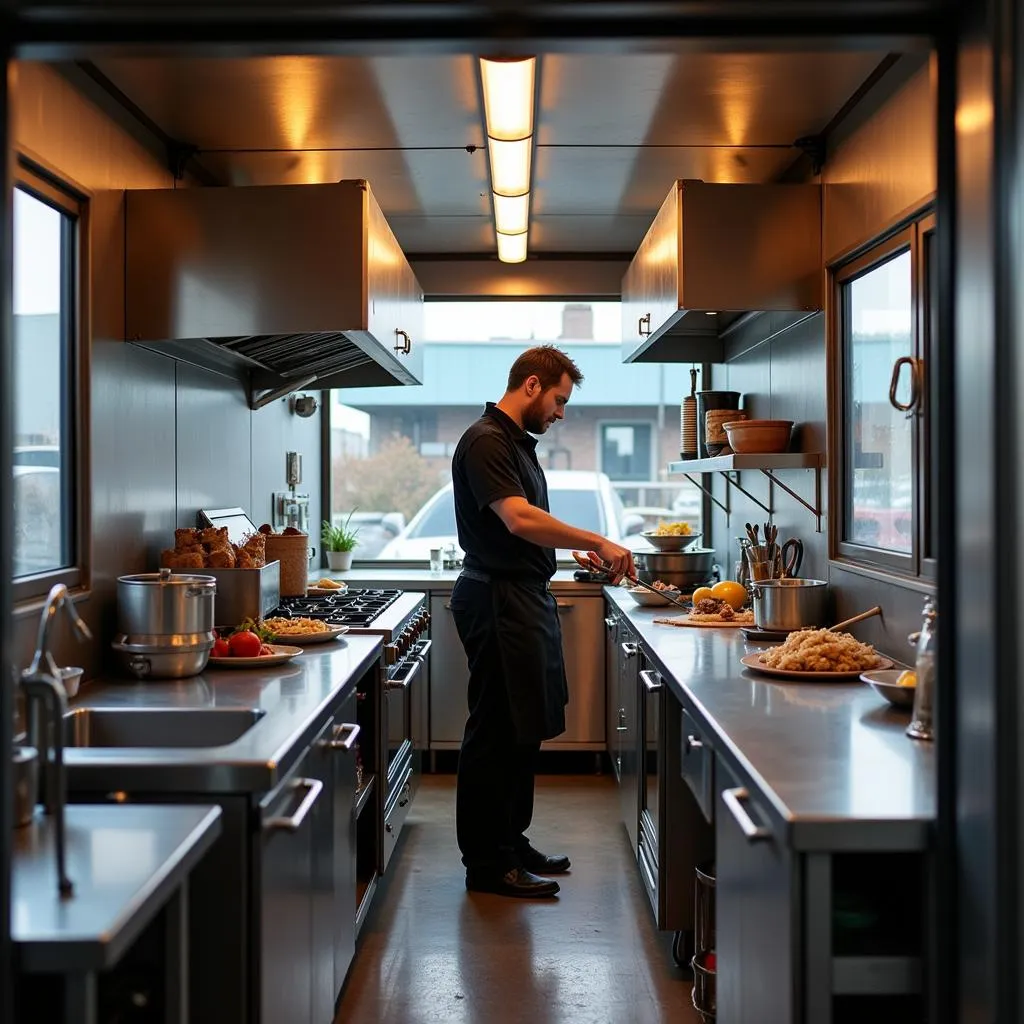 Chef preparing food inside a modern food truck kitchen