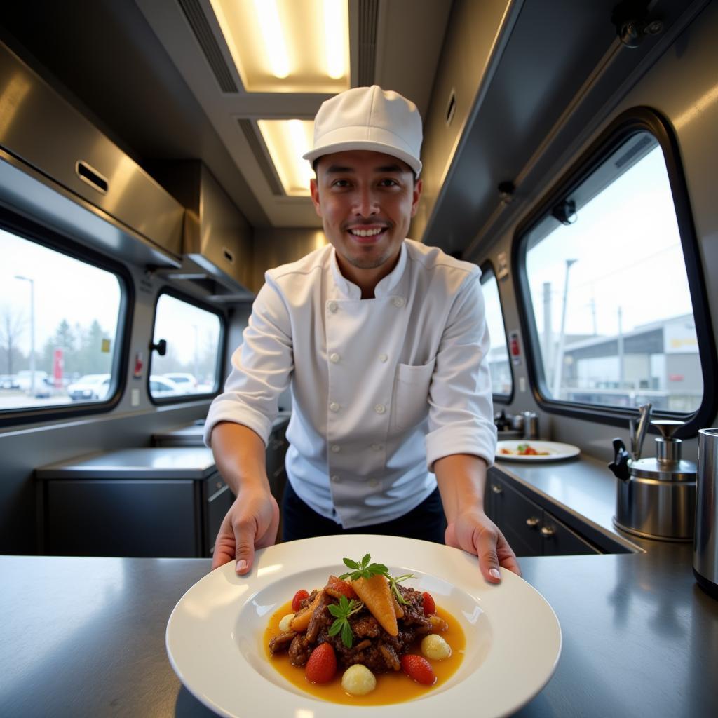 Chef Preparing a Gourmet Meal in a Food Truck