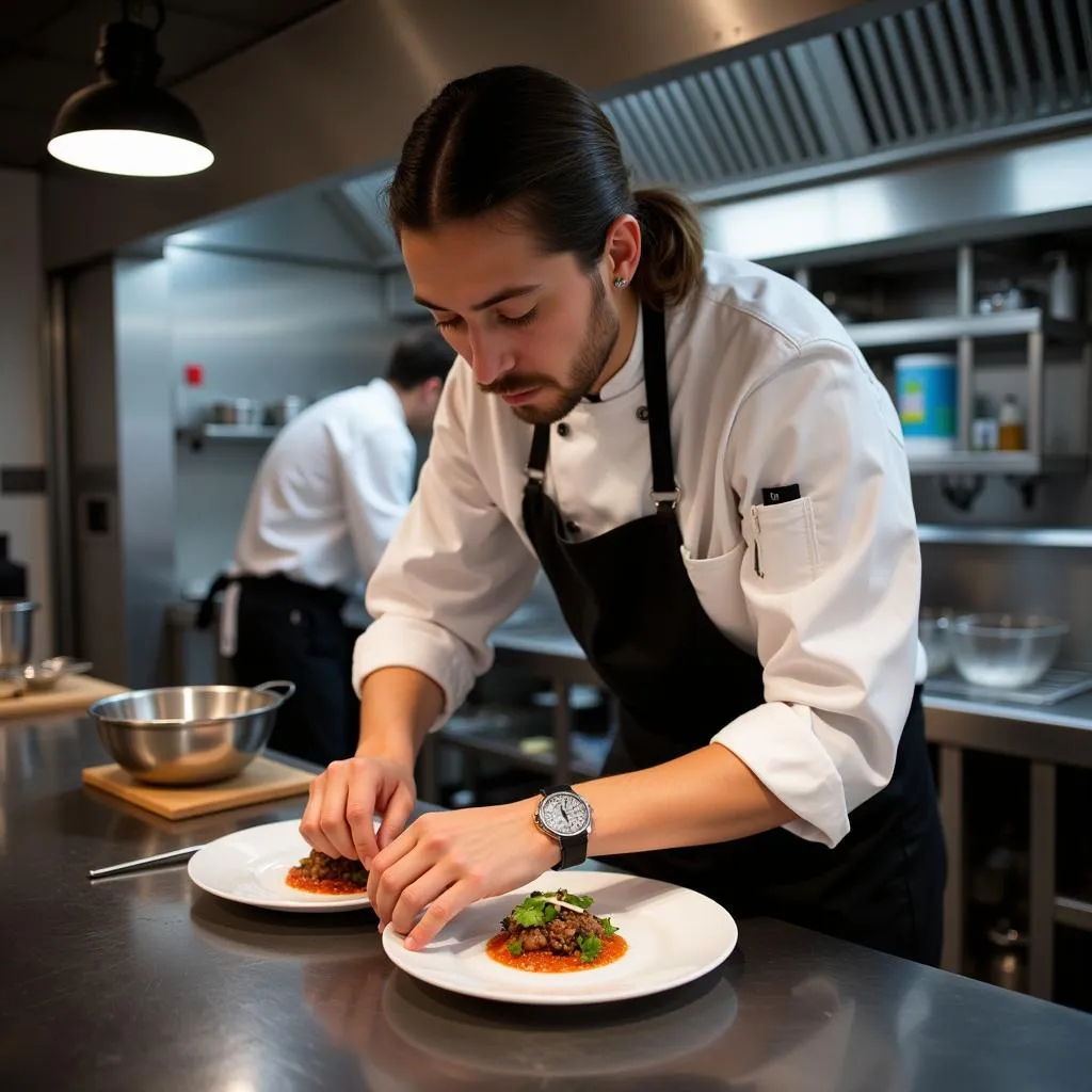 Chef meticulously preparing rebar modern food