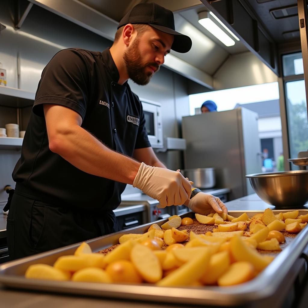 Chef preparing spud wings inside a food truck