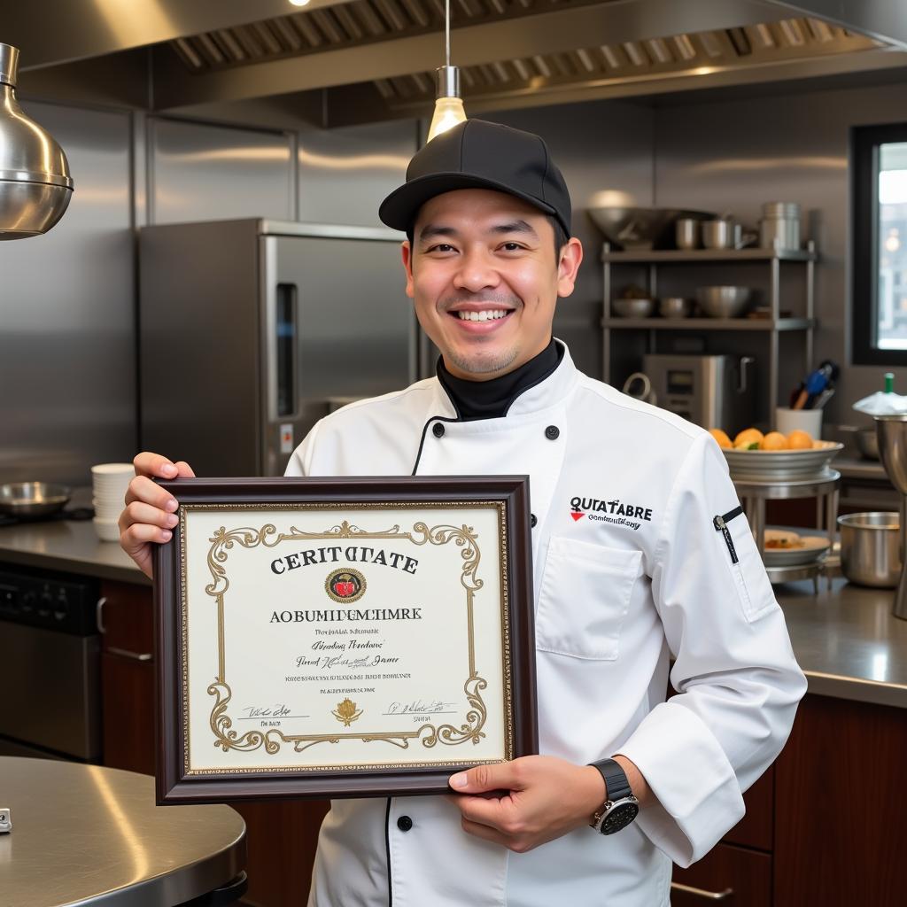 Chef proudly displaying their food handler certification