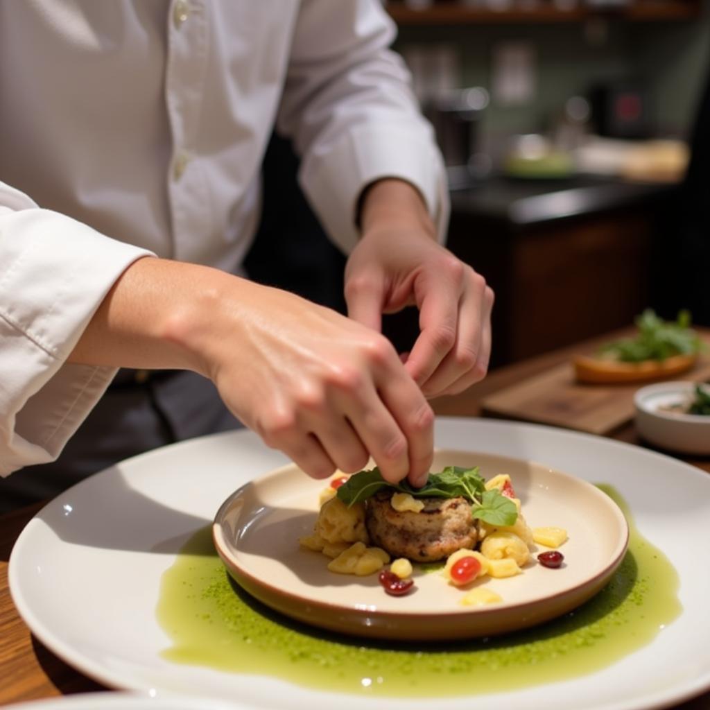 A chef adds the finishing touches to a beautifully plated dish