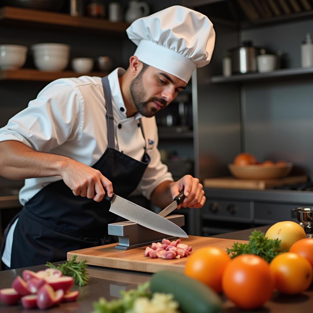 Chef Sharpening a Knife with a Sharpening Steel