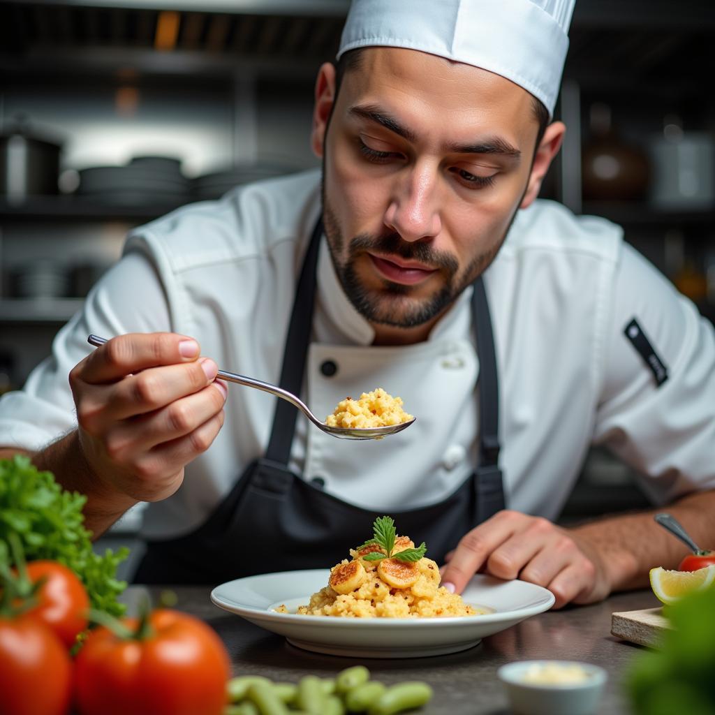 Chef Tasting a New Dish in the Kitchen