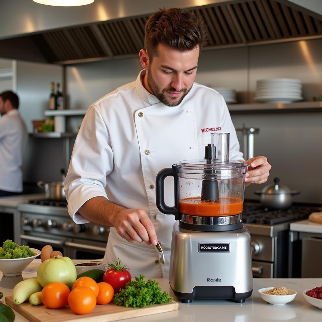 Chef using a commercial food processor to prepare a large batch of sauce