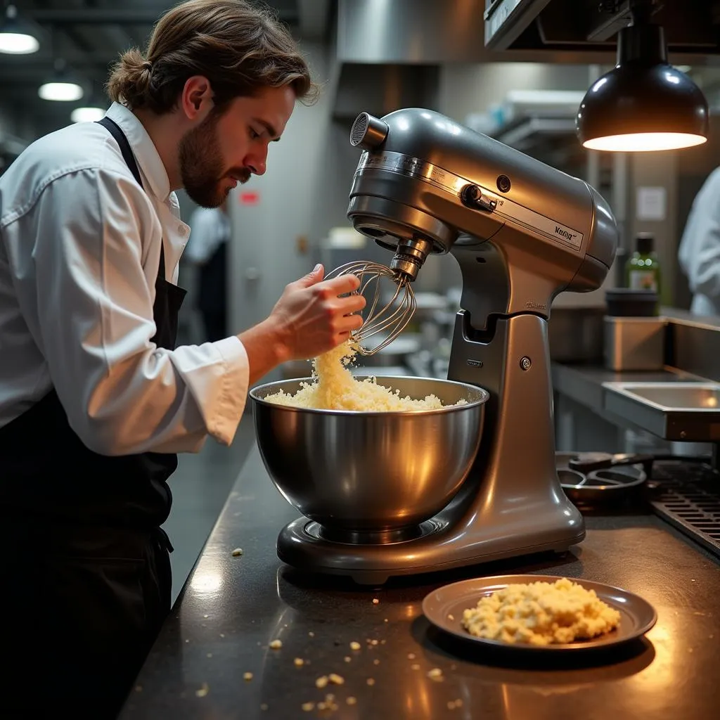 Chef Utilizing a Commercial Mixer in a Professional Kitchen