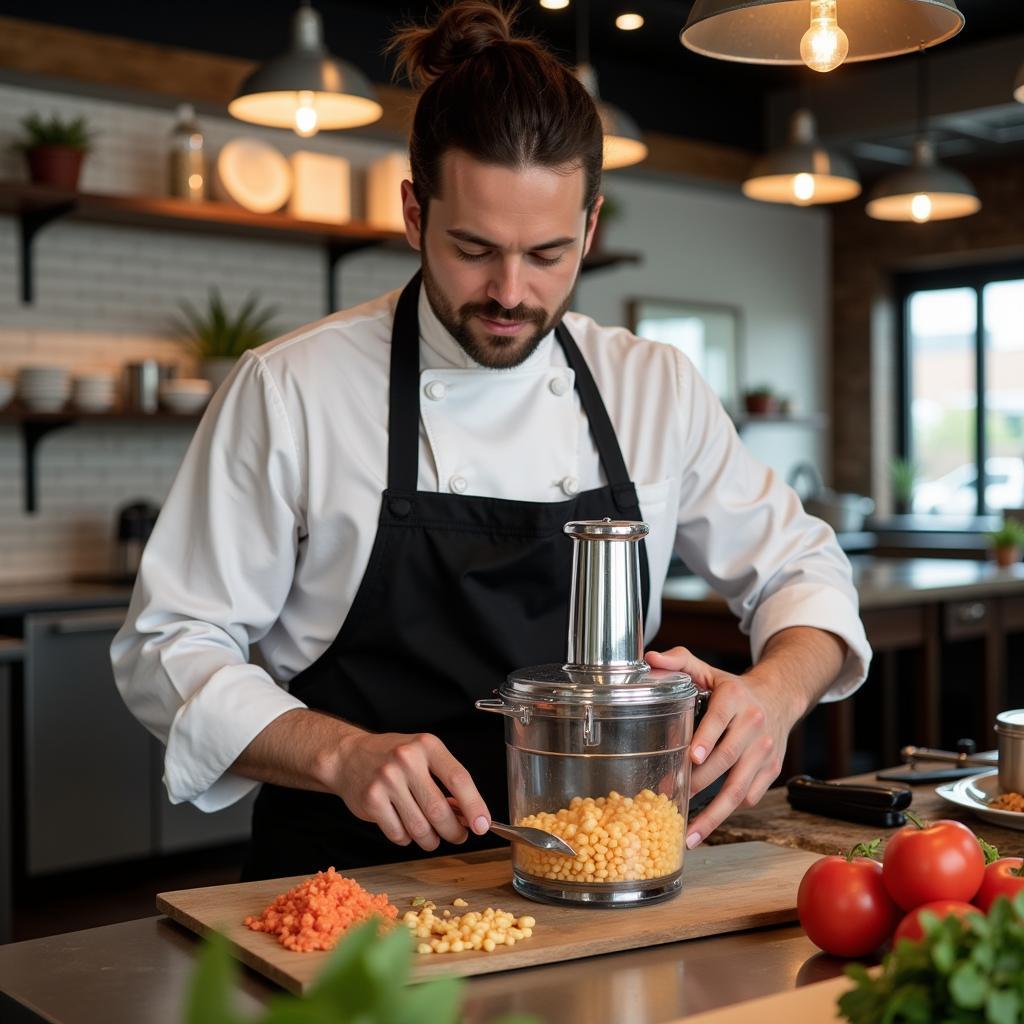 Chef using an industrial food chopper