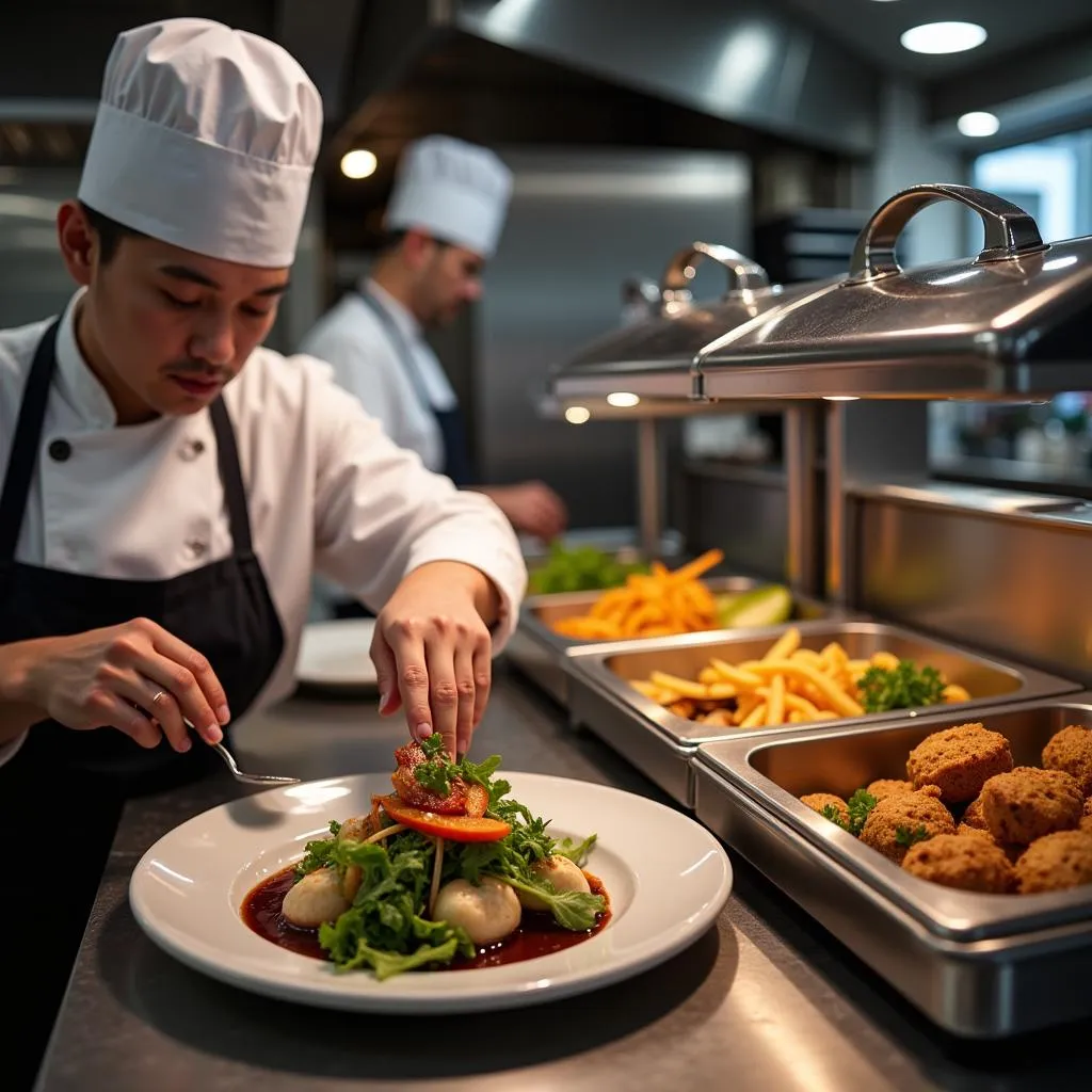 Chef plating food from a Merco food warmer in a restaurant kitchen