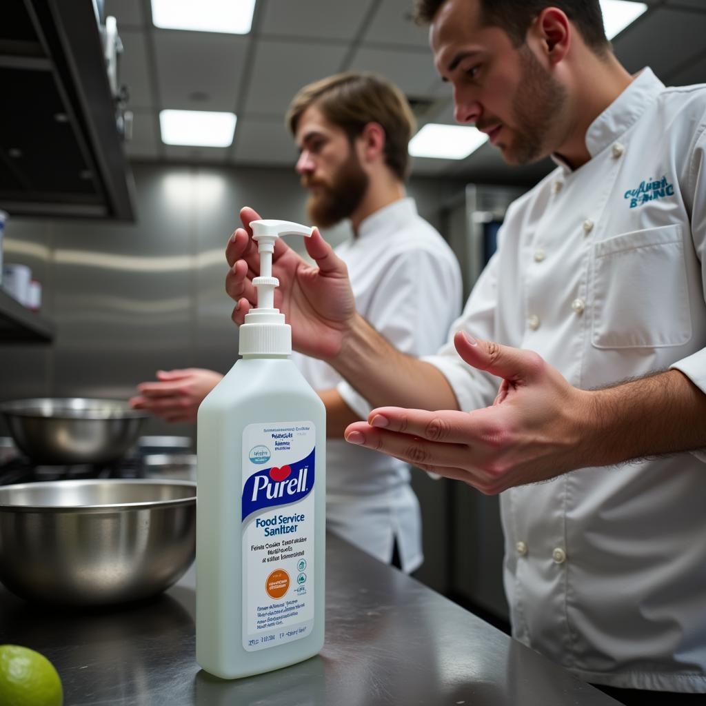 Chef sanitizing hands with Purell food service sanitizer