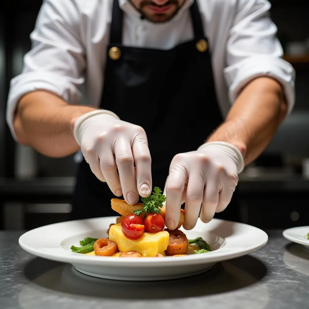 Chef wearing disposable gloves while plating a dish