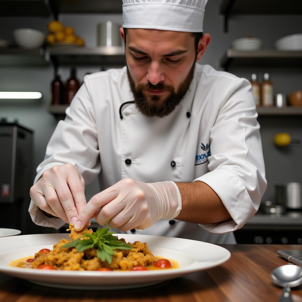 Chef using disposable gloves while handling ingredients