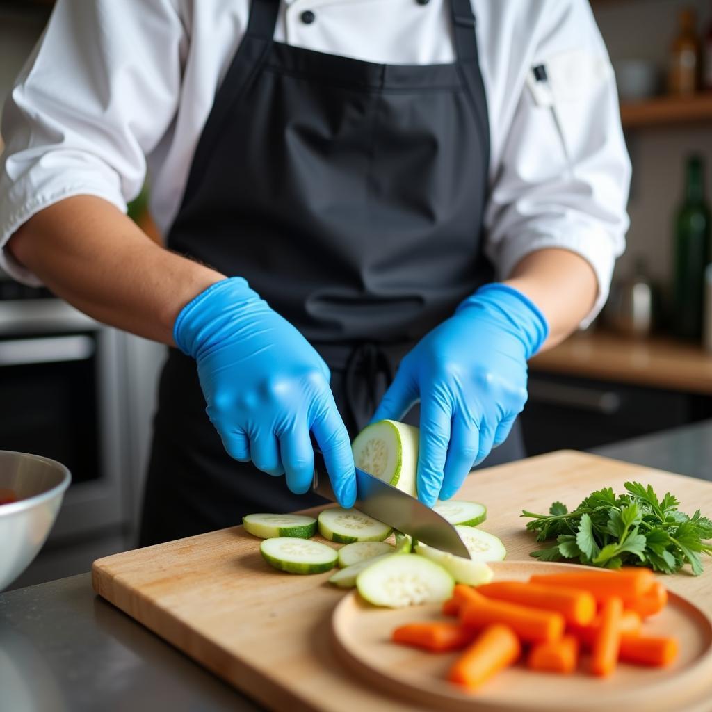 Chef wearing nitrile gloves preparing food in a professional kitchen