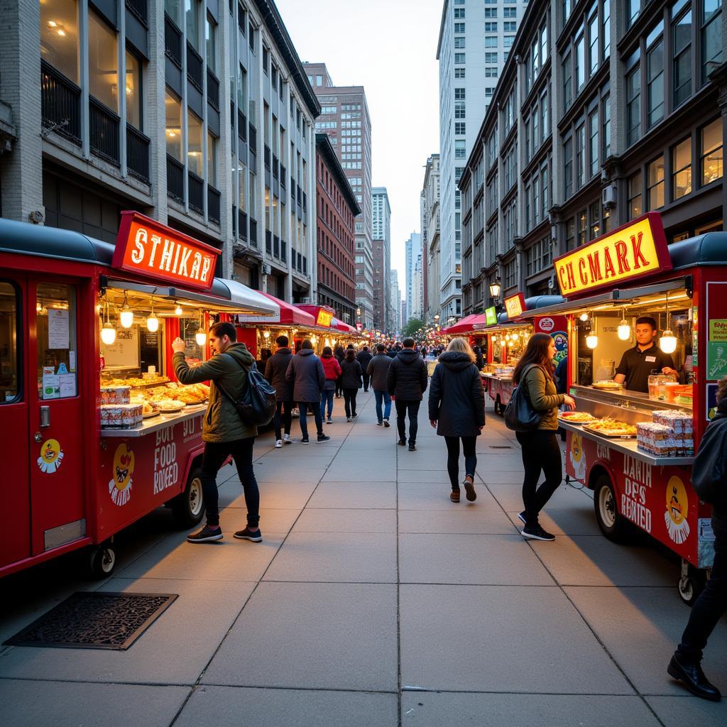 Vibrant Food Carts Lining a Busy Chicago Street