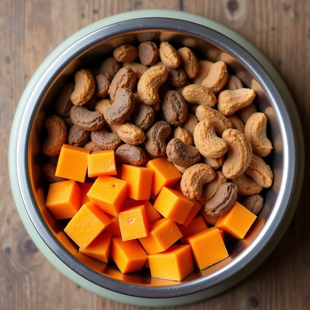 Bowl of chicken, sweet potatoes, and dog food kibble