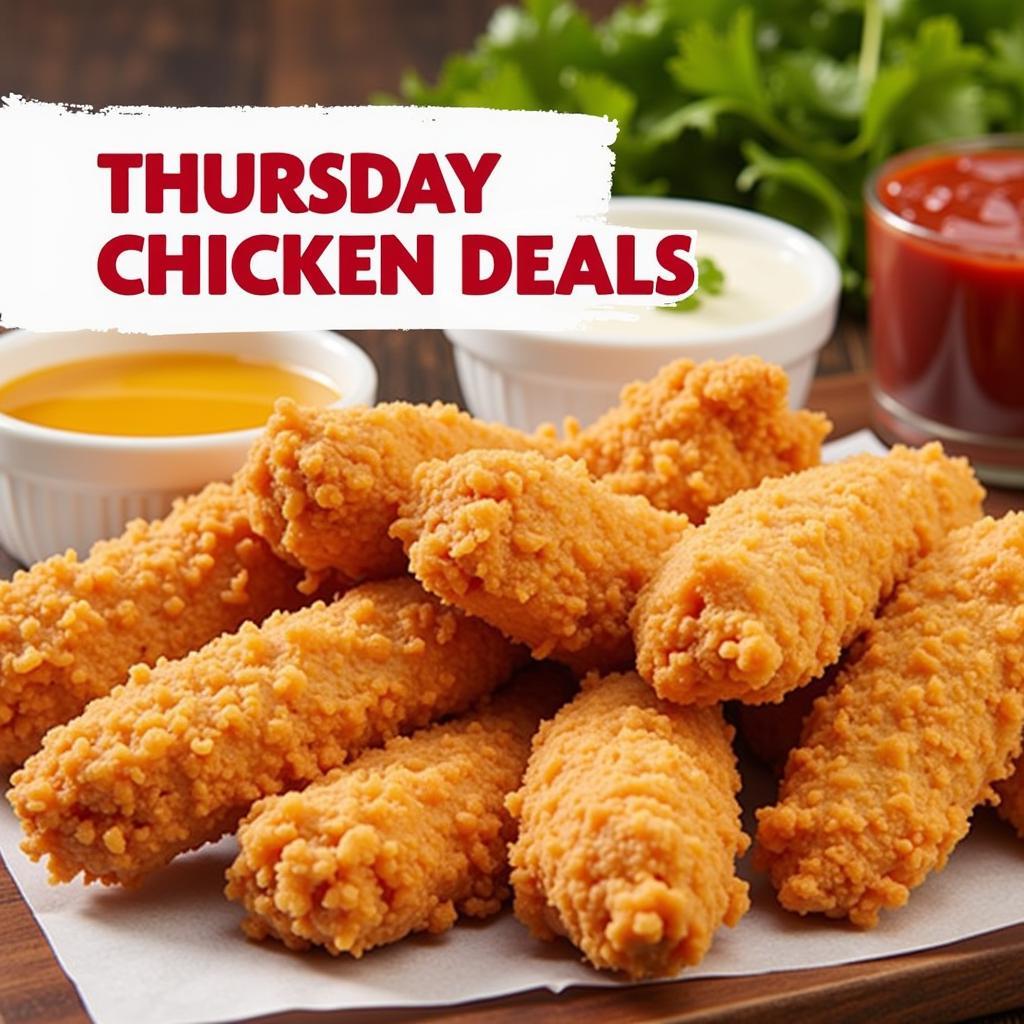 A close-up shot of a basket of crispy chicken tenders with dipping sauces and the text "Thursday Chicken Deals"