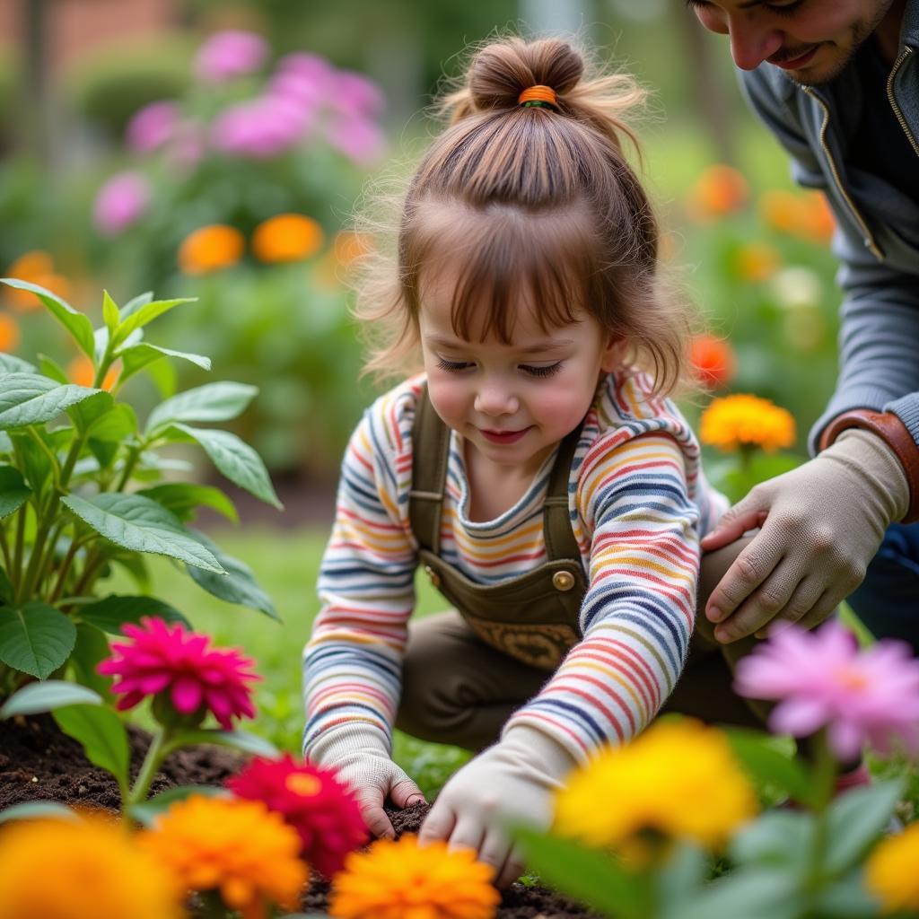  A child and adult planting edible flowers in a garden