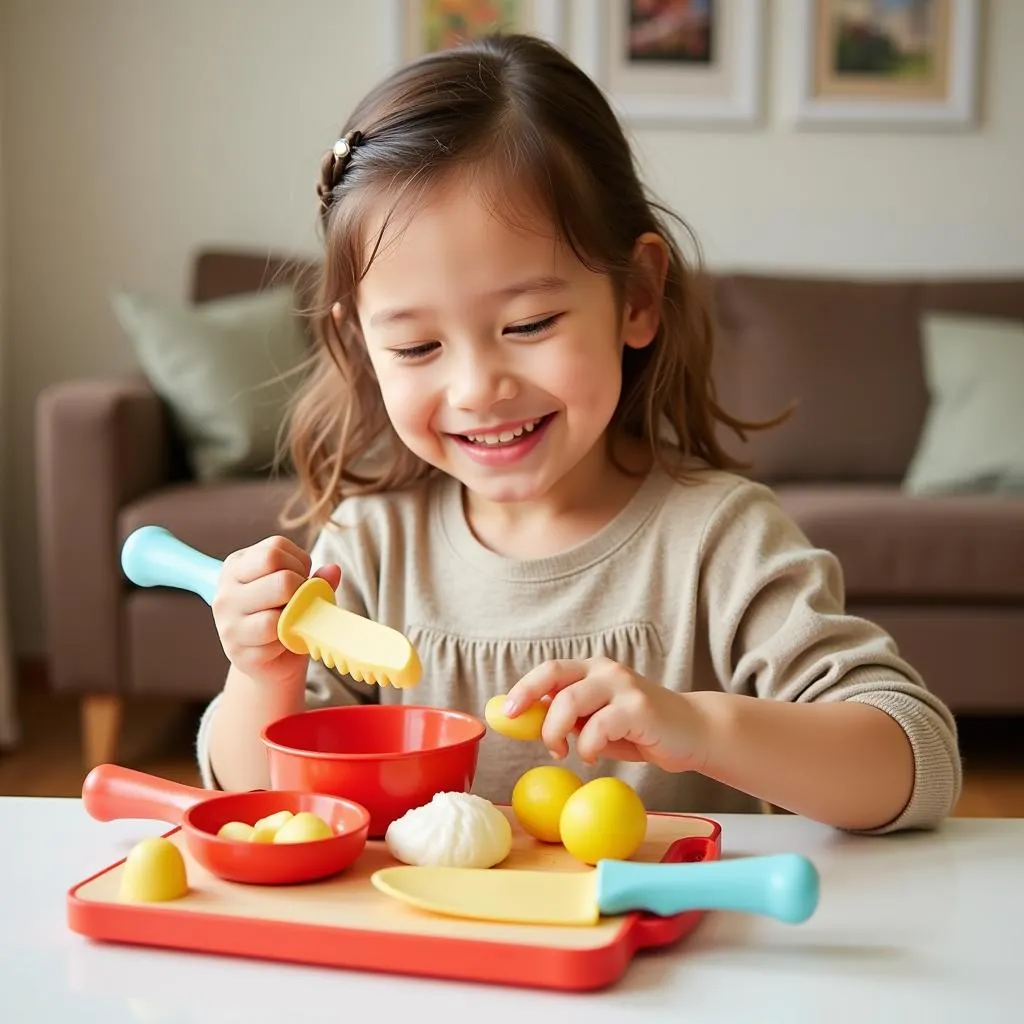 Young child engaged in imaginative play with a toy chopping food set.