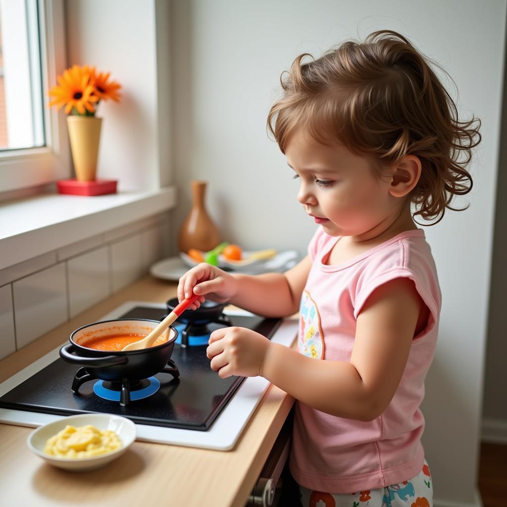 Child pretending to cook in a play kitchen