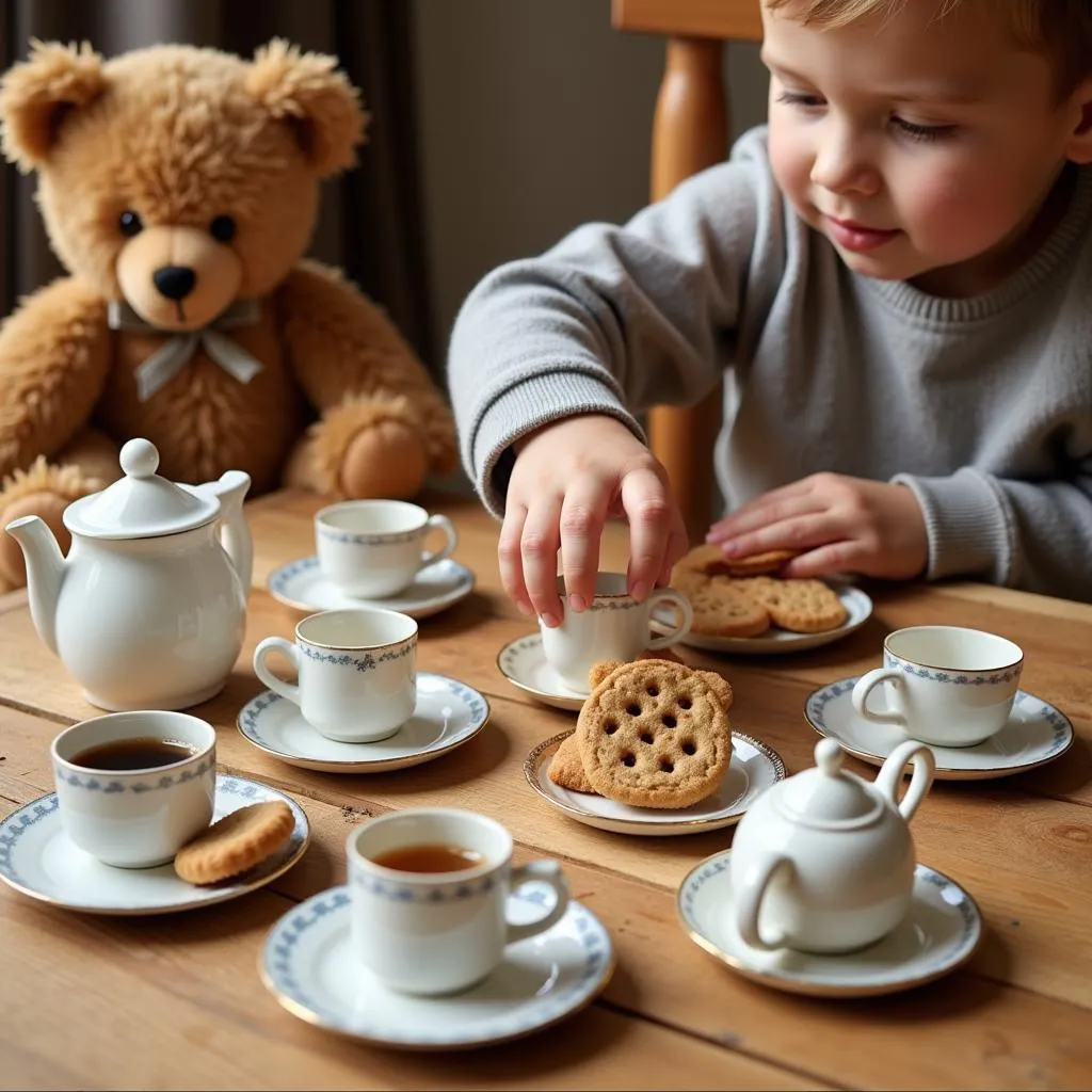 Child Setting a Table for a Tea Party with Teddy Bears