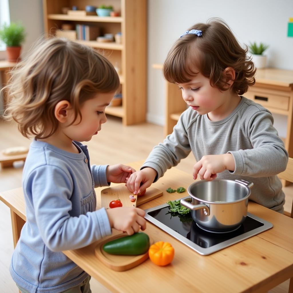 Children Engaging in Imaginary Play in a Montessori Kitchen