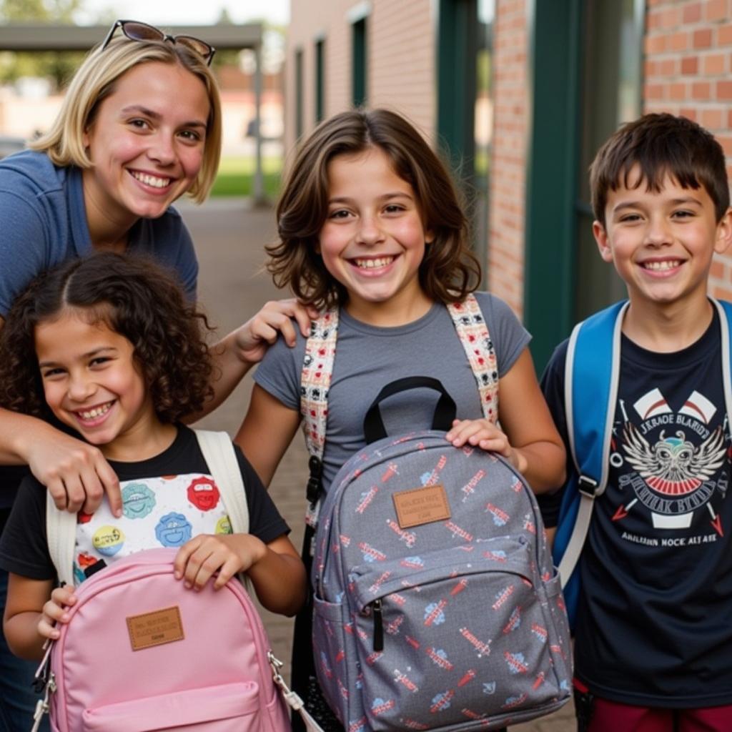 Children receiving backpacks from the Backpack Buddy program