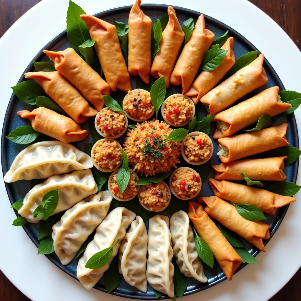 A platter of assorted Chinese food appetizers