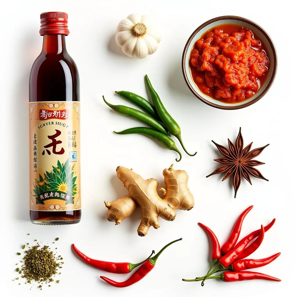 A selection of common Chinese ingredients like soy sauce, ginger, garlic, and chili peppers