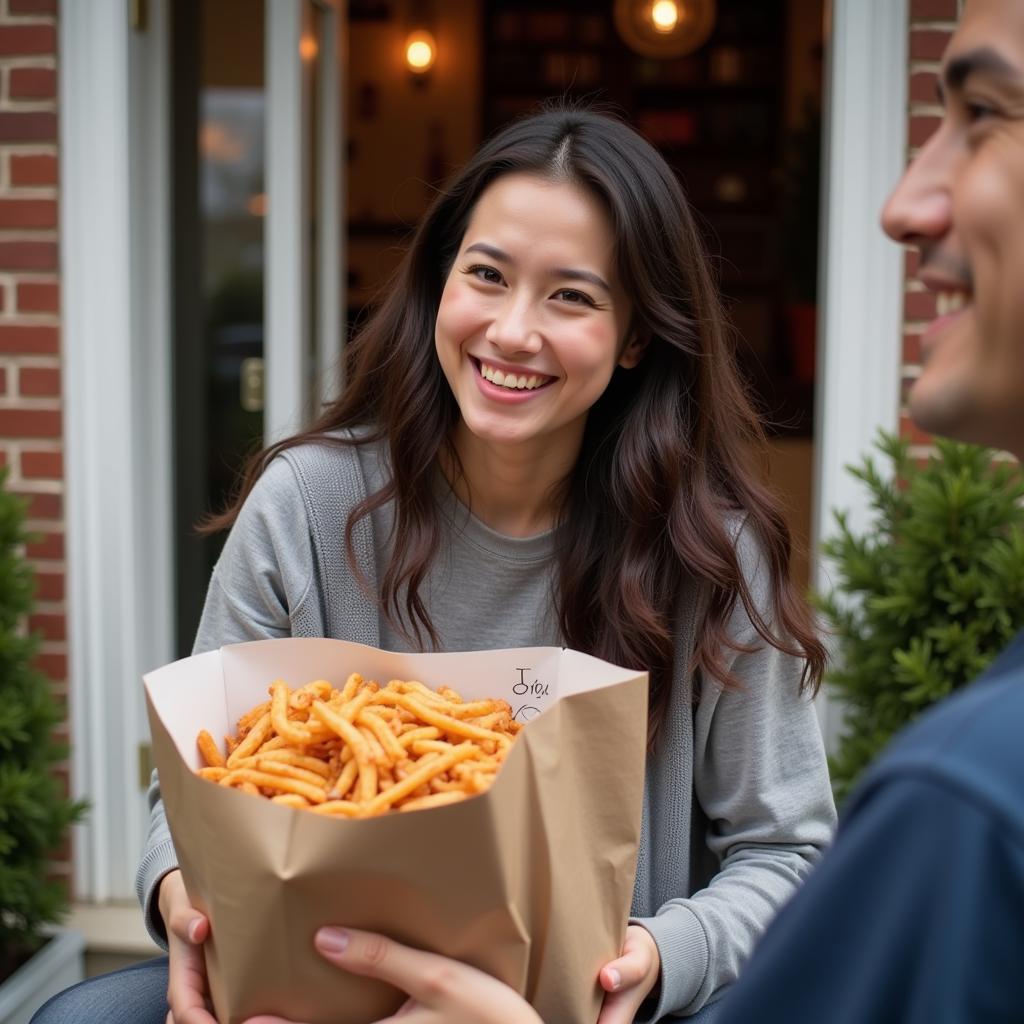 An image of a person happily receiving a delivery order of Chinese food, emphasizing the convenience of delivery options within the 11223 area.