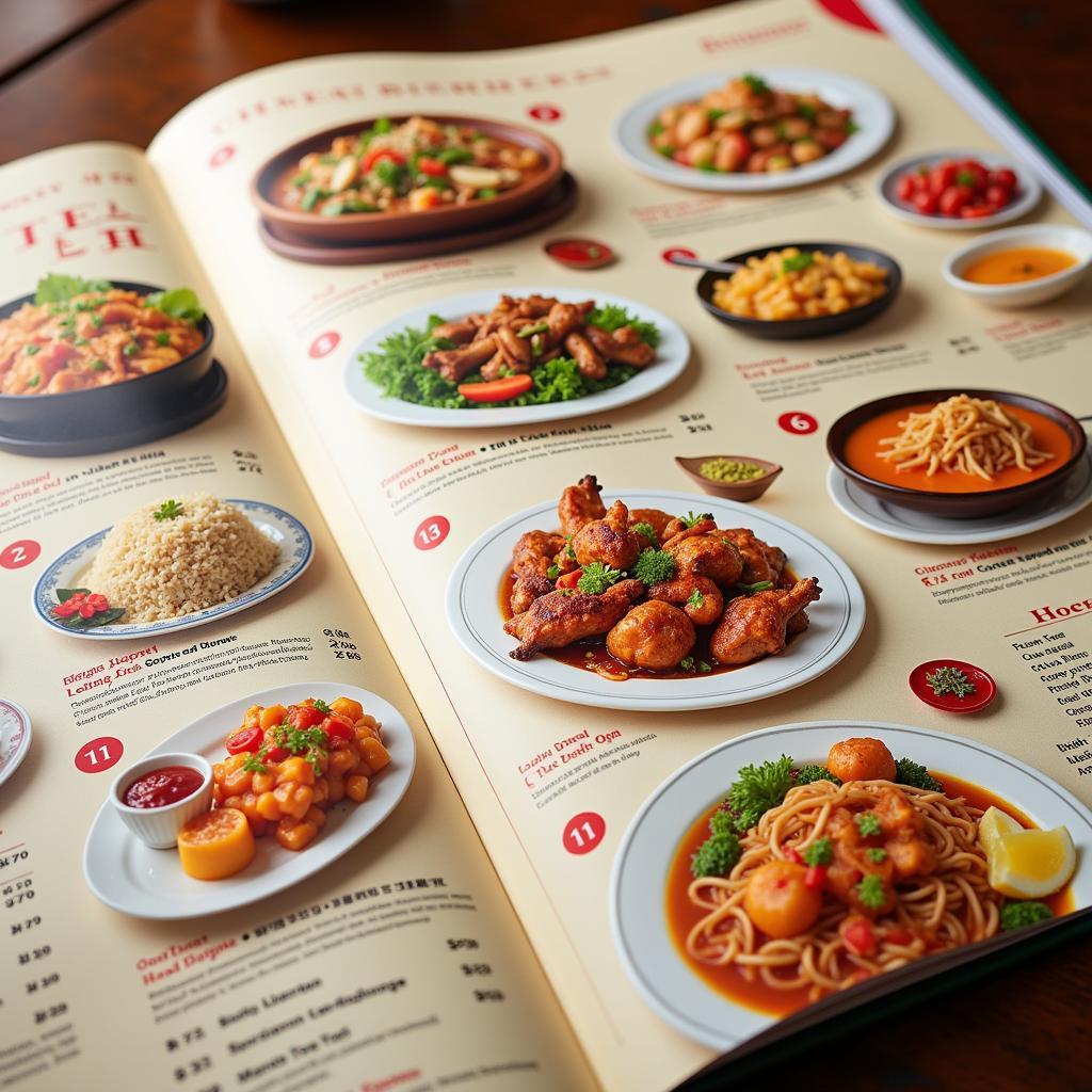 A menu featuring popular Chinese dishes like dumplings, noodles, and stir-fries.