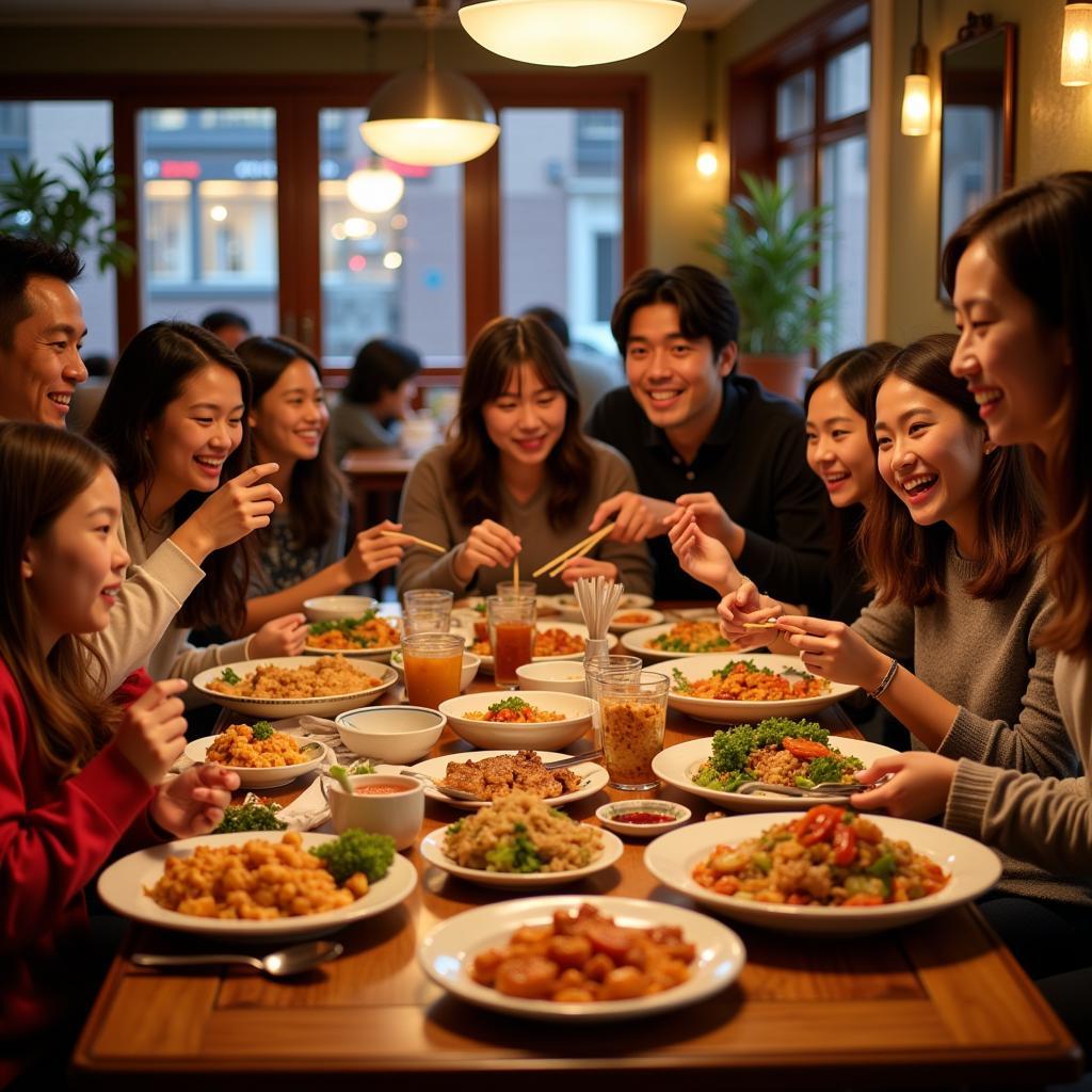 A heartwarming image of a family enjoying a Chinese meal together at a restaurant in the 11223 area, emphasizing the social and cultural aspect of dining out. 