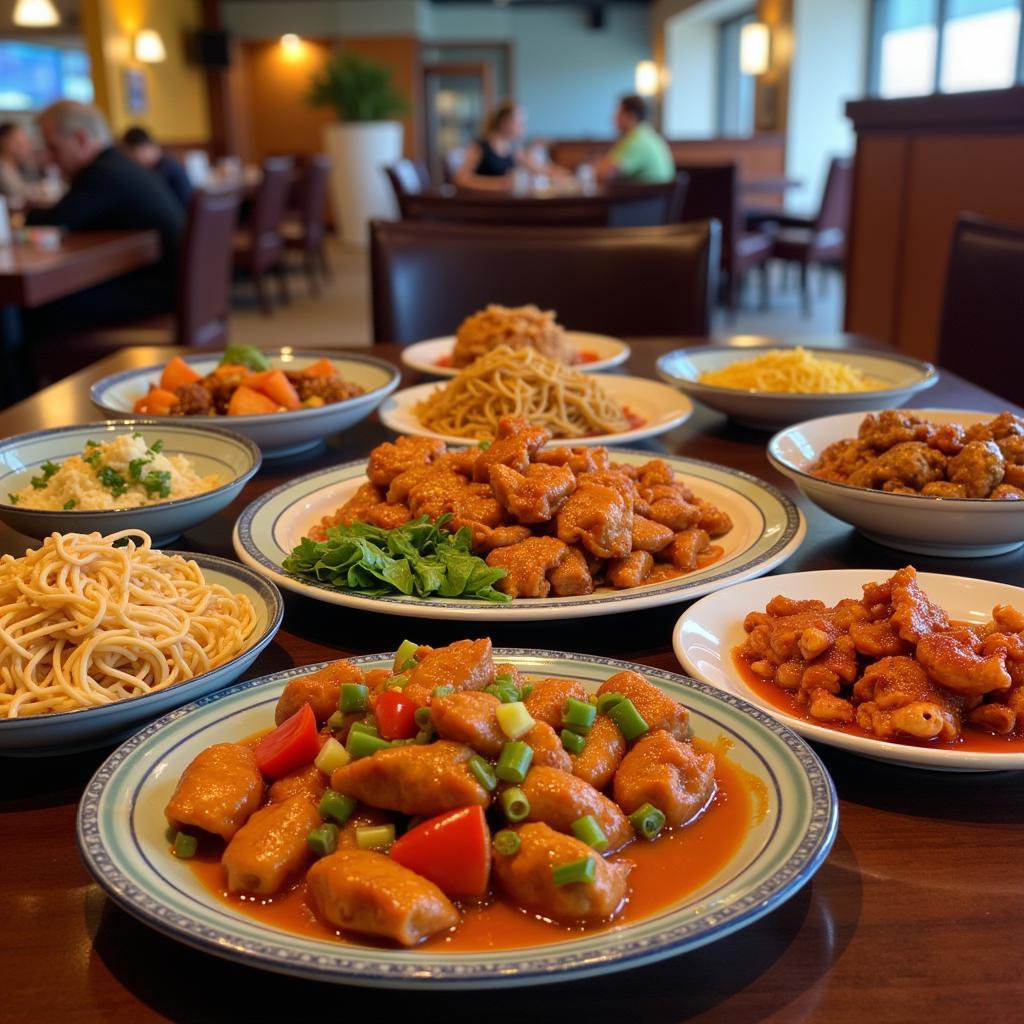 A variety of colorful Chinese dishes served on a table in a Gulf Breeze restaurant