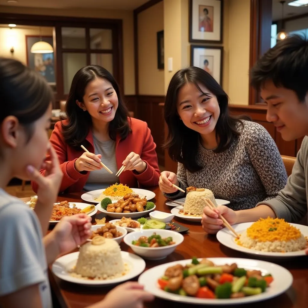 A happy family enjoying a delicious Chinese dinner together at a restaurant in Hasbrouck Heights.