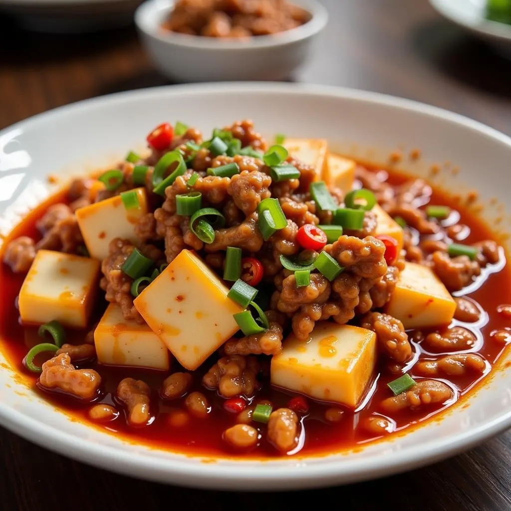 A close-up shot of a sizzling plate of spicy Szechuan dishes, highlighting the vibrant colors and textures of the food.