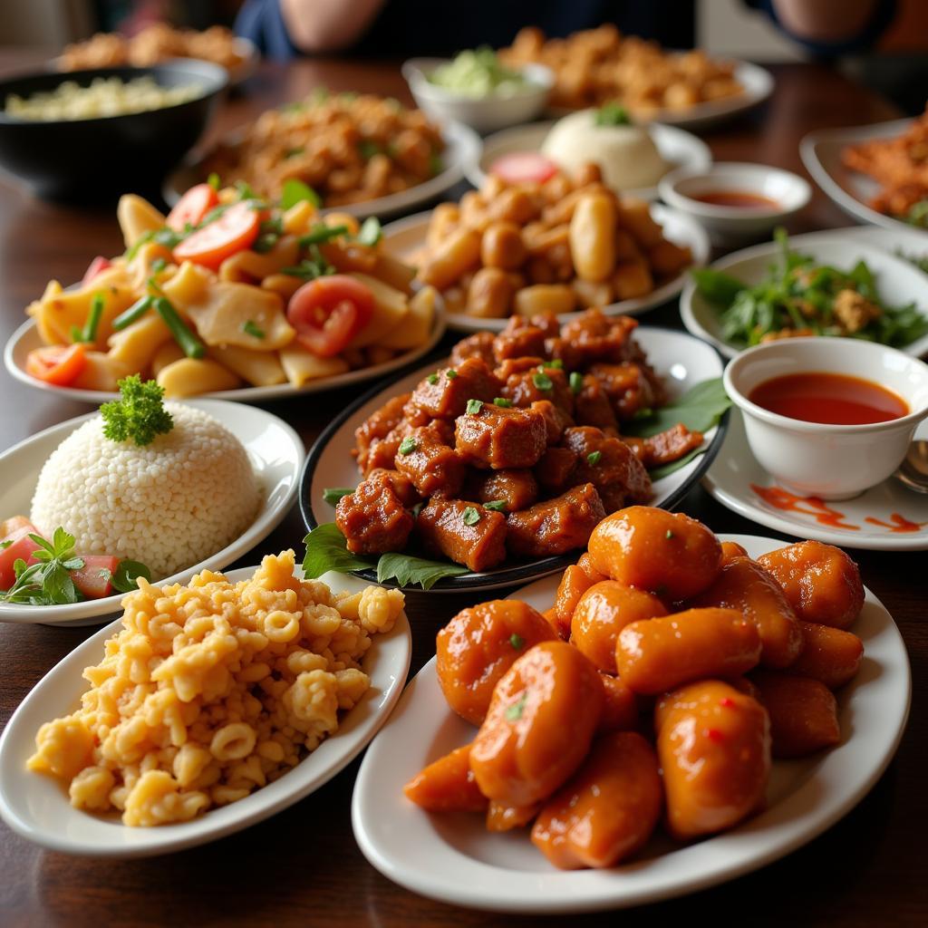 A table setting with a variety of popular Chinese dishes, including Peking duck, dumplings, and stir-fried noodles.